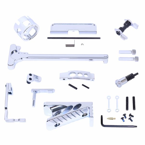 Chrome AR-15 finishing kit parts neatly displayed on white background.