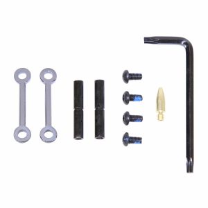 AR-15 anti-rotation pin set with screws, spacers, and Allen wrench in black chrome.