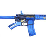 Colorful toy gun with blue, black, and gold details, featuring ergonomic design and modern accents.