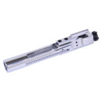 Polished chrome bolt carrier group with precision cuts and durable construction.