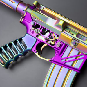 Custom AR-style rifle with colorful iridescent finish and ergonomic grip.