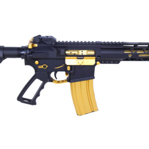 Custom black rifle with gold accents, ergonomic grip, and precision detailing.