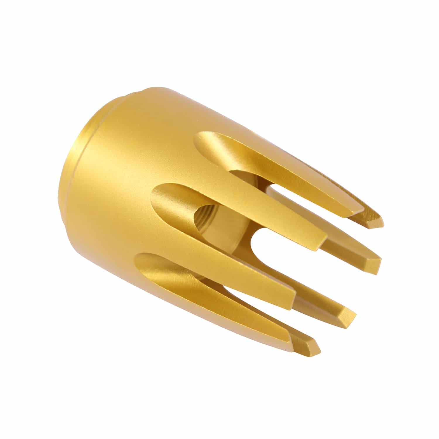 AR15 'Claw' flash hider in striking anodized gold with multi-prong design