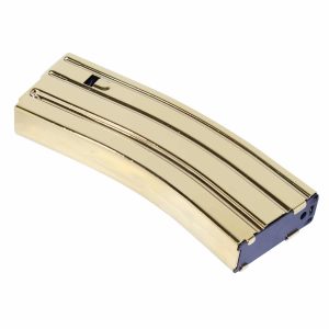 Gold-plated AR 5.56 caliber 30-round magazine with anti-tilt follower.