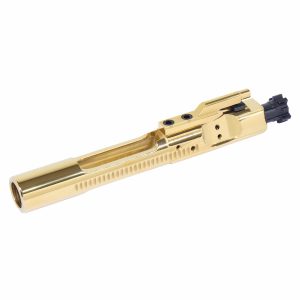 Gold-plated AR-15 bolt carrier group, featuring precision machining and luxurious finish.