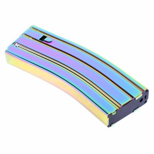 AR 5.56 Aluminum Magazine, 30-Round, Anti-Tilt Follower, Rainbow PVD Finish.