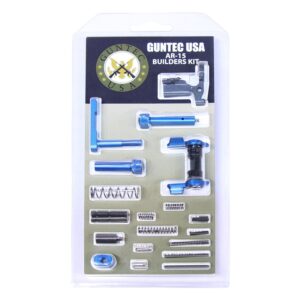 Guntec USA AR-15 Builders Kit with blue anodized parts in clear packaging.