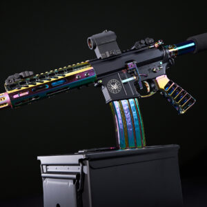 Colorful iridescent AR-15 rifle with tactical optics on a dark stand.