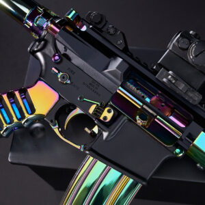 Iridescent rifle with tactical scope on dark surface, showcasing vibrant, reflective finishing.