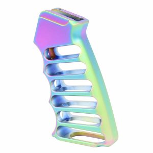 Skeletonized Aluminum Pistol Grip with Rainbow PVD Finish.