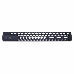 Guntec USA 15 anodized black M-LOK honeycomb handguard with top rail for .308 rifles.