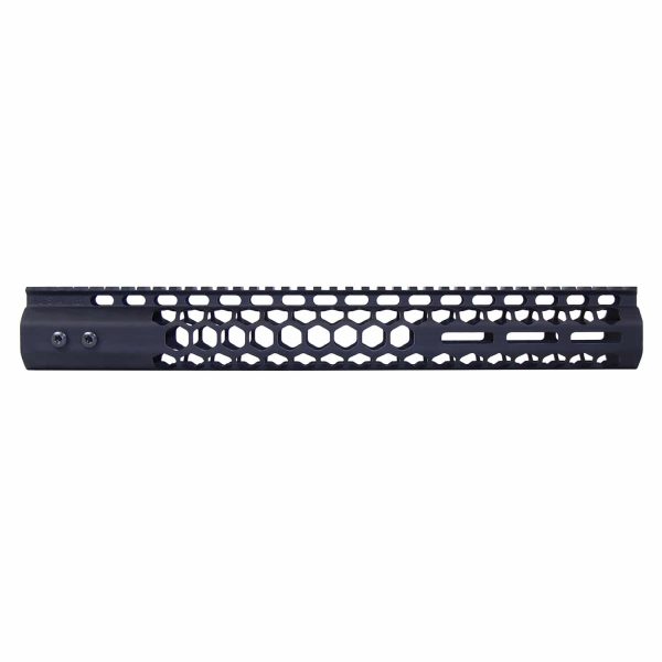Guntec USA 15 anodized black M-LOK honeycomb handguard with top rail for .308 rifles.