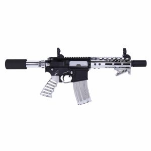 Chrome AR-15 finishing kit with sleek silver and black design.