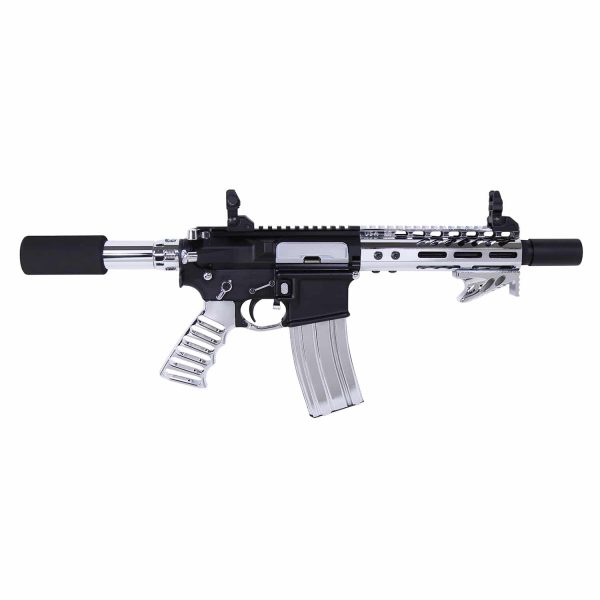 Chrome AR-15 finishing kit with sleek silver and black design.