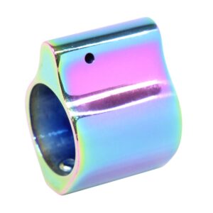 AR-15 low profile steel gas block with rainbow PVD finish.