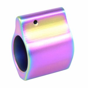 AR-15 low profile gas block with matte rainbow PVD coating.