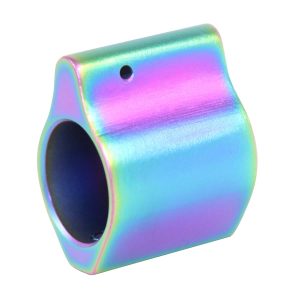 AR-15 steel gas block with matte rainbow PVD coating, precision-machined.