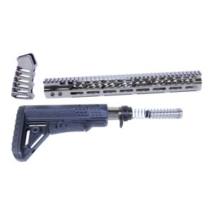 Modular firearm components including handguard, grip, and stock assembly for customization.