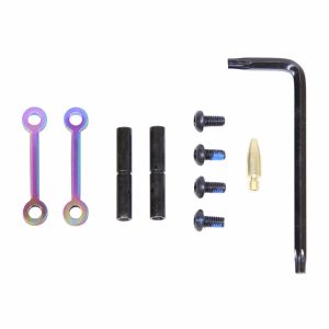 AR-15 anti-rotation pin set with matte rainbow finish and assembly tools.