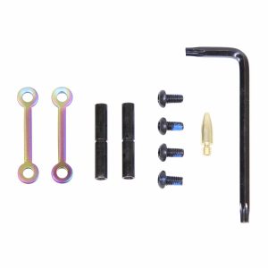 AR-15 anti-rotation pin set with matte rainbow PVD coating and installation tools.