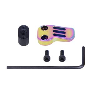 AR-15 Extended Mag Catch Paddle Release with rainbow PVD coating and assembly tools.