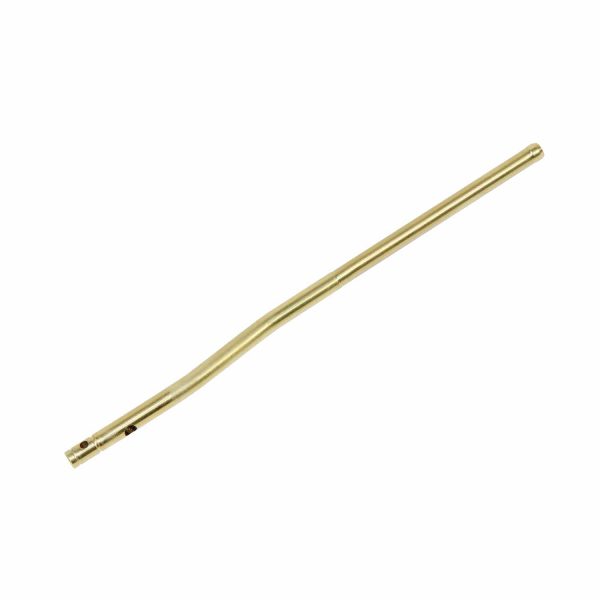 Brass-colored AR-15 micro pistol gas tube, tin-coated, curved with precision features.