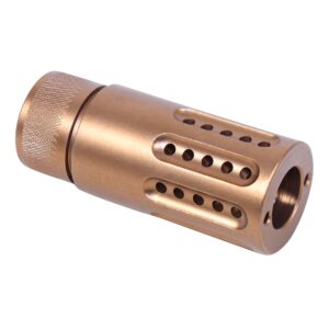 Bronze AR-15 .308 caliber multi-port muzzle brake for recoil reduction.