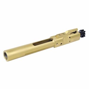 AR-15 bolt carrier group in gold titanium nitride finish, corrosion-resistant and polished.