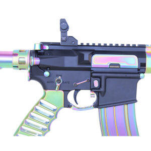 Colorful iridescent firearm with detailed receiver and ergonomic grip.