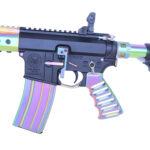 Colorful, iridescent firearm with ergonomic grip and detailed engravings.