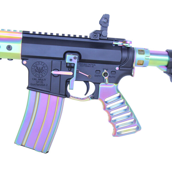 Colorful, iridescent firearm with ergonomic grip and detailed engravings.