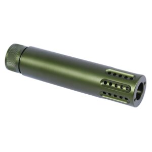 AR .308 caliber green anodized barrel shroud with multi-port muzzle brake.