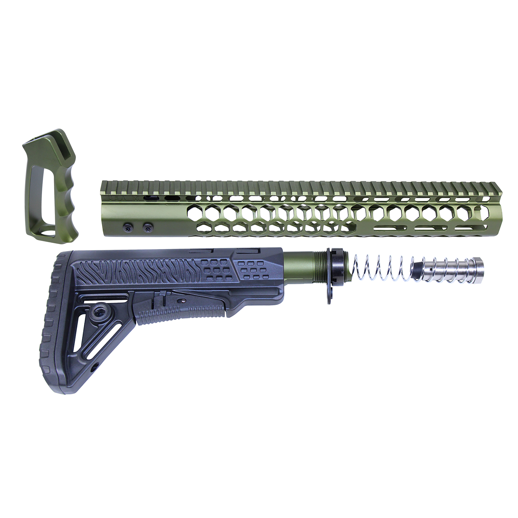 HC-SET-G2-308-GREEN_Rev2026_ AR .308 "Honeycomb" Series Complete Furniture Set (Gen 2) (Anodized Green) - Image 1