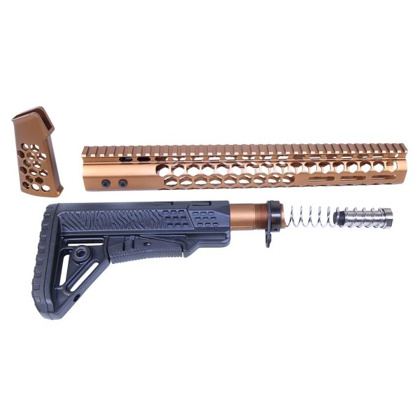 AR-10 Honeycomb Series rifle furniture set in anodized bronze, featuring ergonomic stock and handguard.