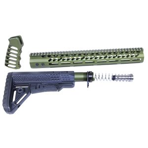 Disassembled AR-10 furniture set in anodized green with tactical design elements.