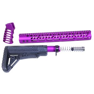 Guntec USA AR-10 ultralight furniture set in anodized purple, featuring stock, handguard, and grip.