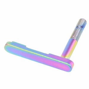 AR-15 Mag Catch Lever with Vibrant Rainbow PVD Finish.