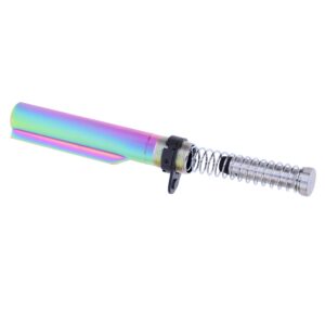 AR-15 buffer tube with iridescent finish and chrome spring.