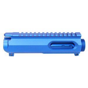 AR-15 9mm blue billet upper receiver with Picatinny rail and forward assist.