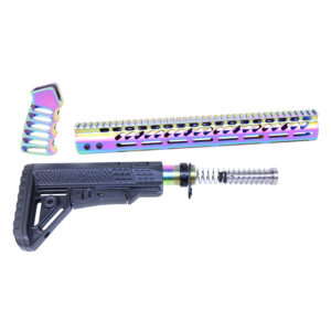 Custom rifle parts with iridescent finish and ergonomic design for enhanced performance.