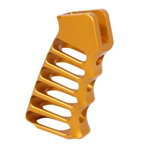 Bright gold anodized aluminum pistol grip with ergonomic skeletonized design.