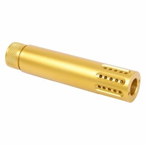 AR 308 caliber barrel shroud with multi port muzzle brake in anodized gold.