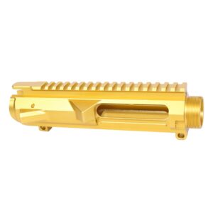 Gold anodized AR .308 billet upper receiver with Picatinny rail and forward assist.