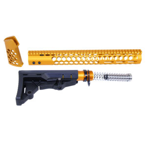 Gold and black rifle upgrade kit with honeycomb pattern.