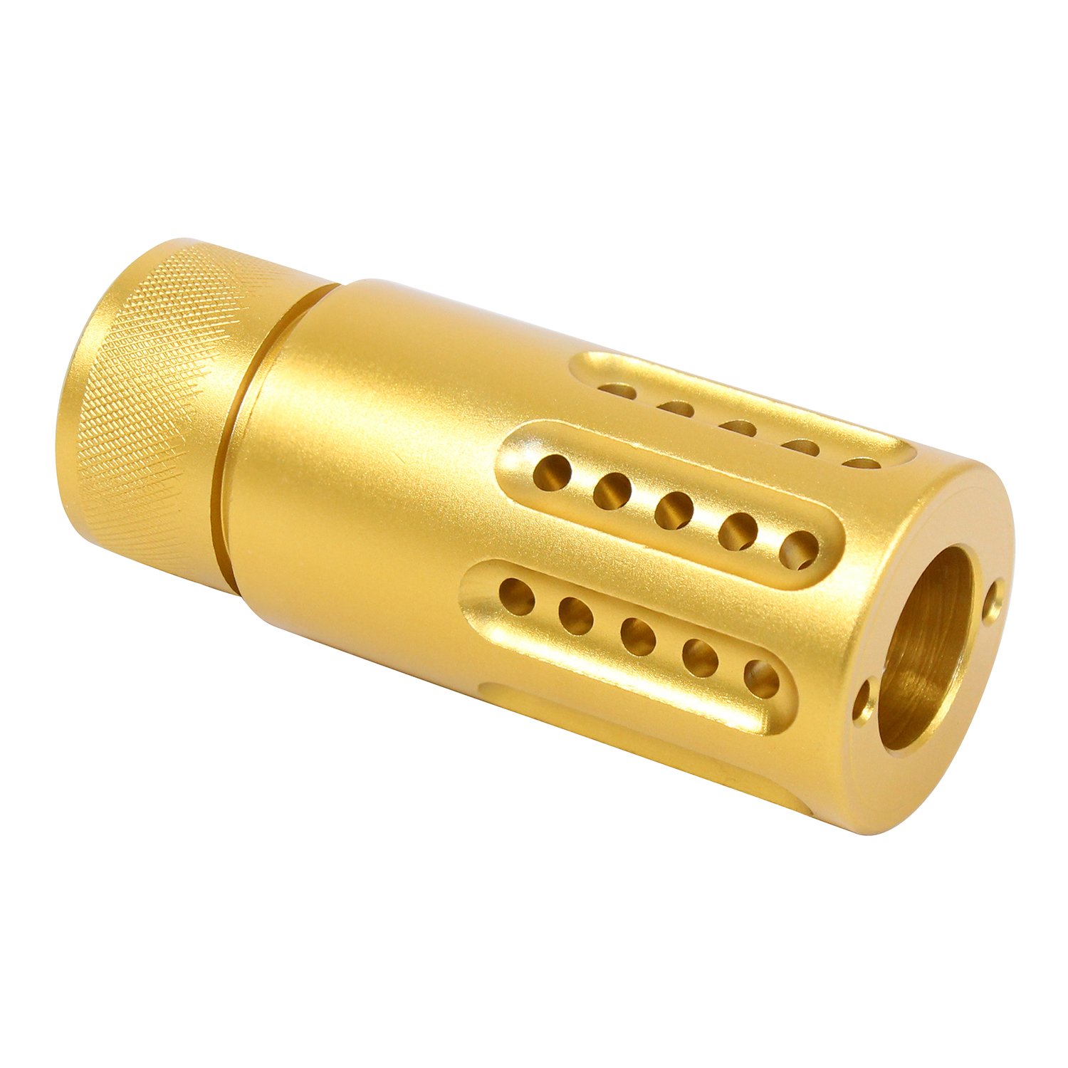 AR-15 .308 cal muzzle brake and shroud in radiant anodized gold.