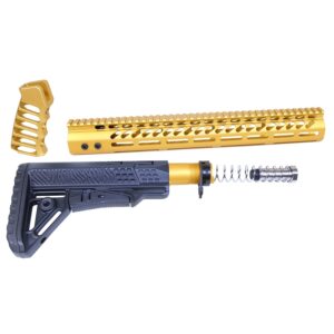 Guntec USA AR-10 gold anodized .308 caliber furniture set with handguard, stock, and grip.