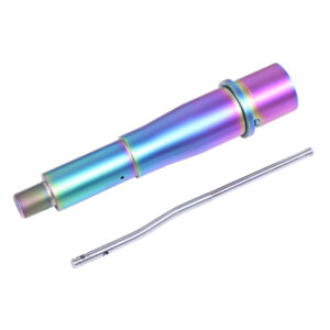 Iridescent cylindrical object with threaded end and accompanying metallic rod.