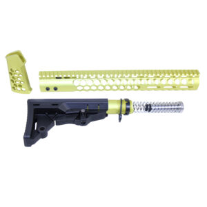 Lime green AR-15 upgrade kit with handguard, grip, and adjustable stock.