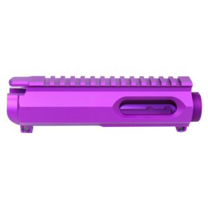 AR-15 9mm purple billet upper receiver with Picatinny rail and ejection port.