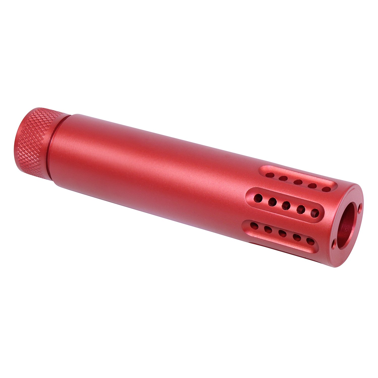 AR 308 caliber red anodized barrel shroud with muzzle brake.